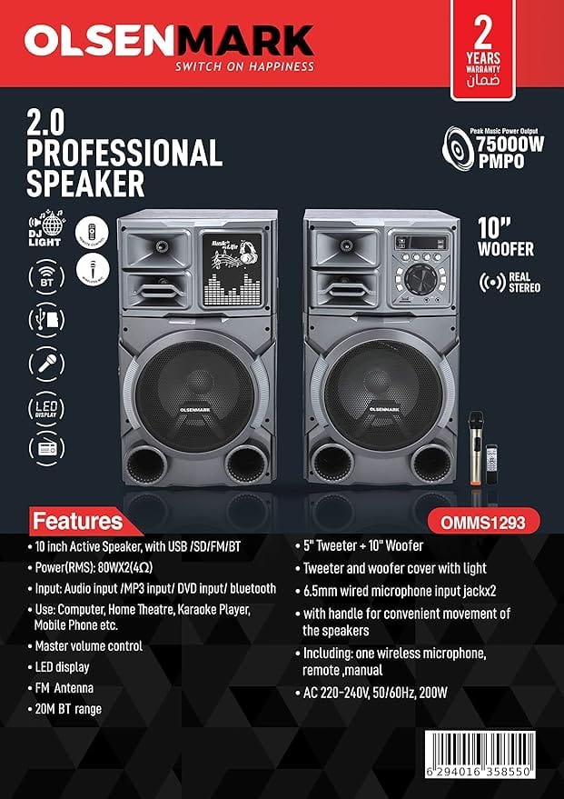 2.0Profsnl Spekr 10"WofrUsb/Bt/Fm/Mic1x1