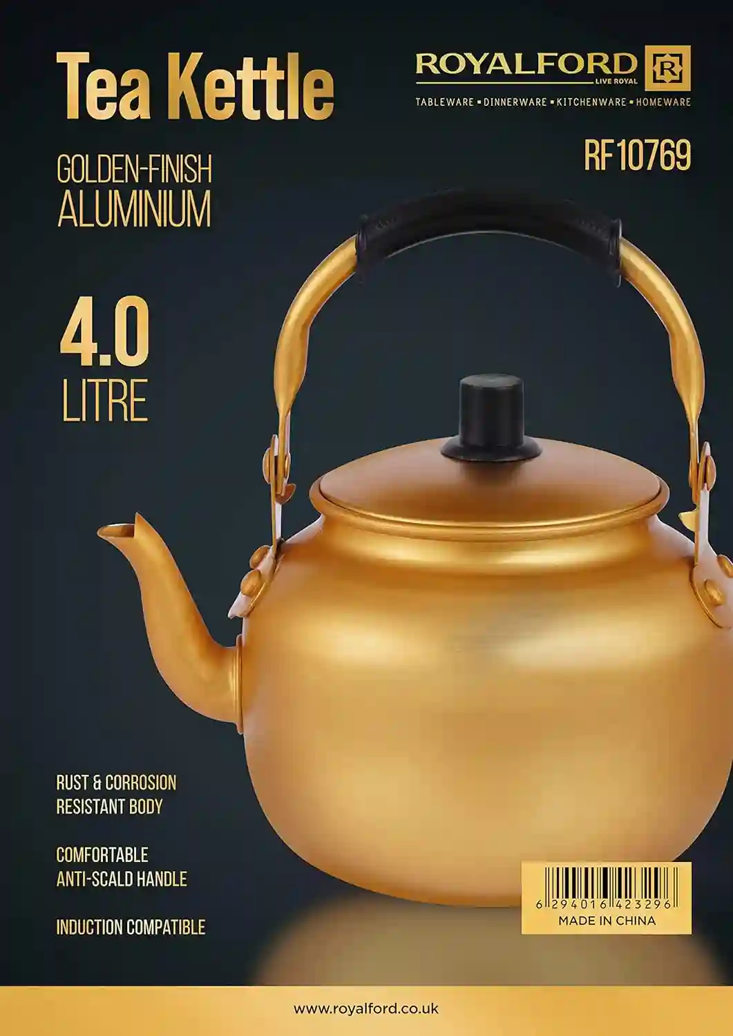 RoyalFord 4.0L Golden-Finish Aluminum Tea Kettle