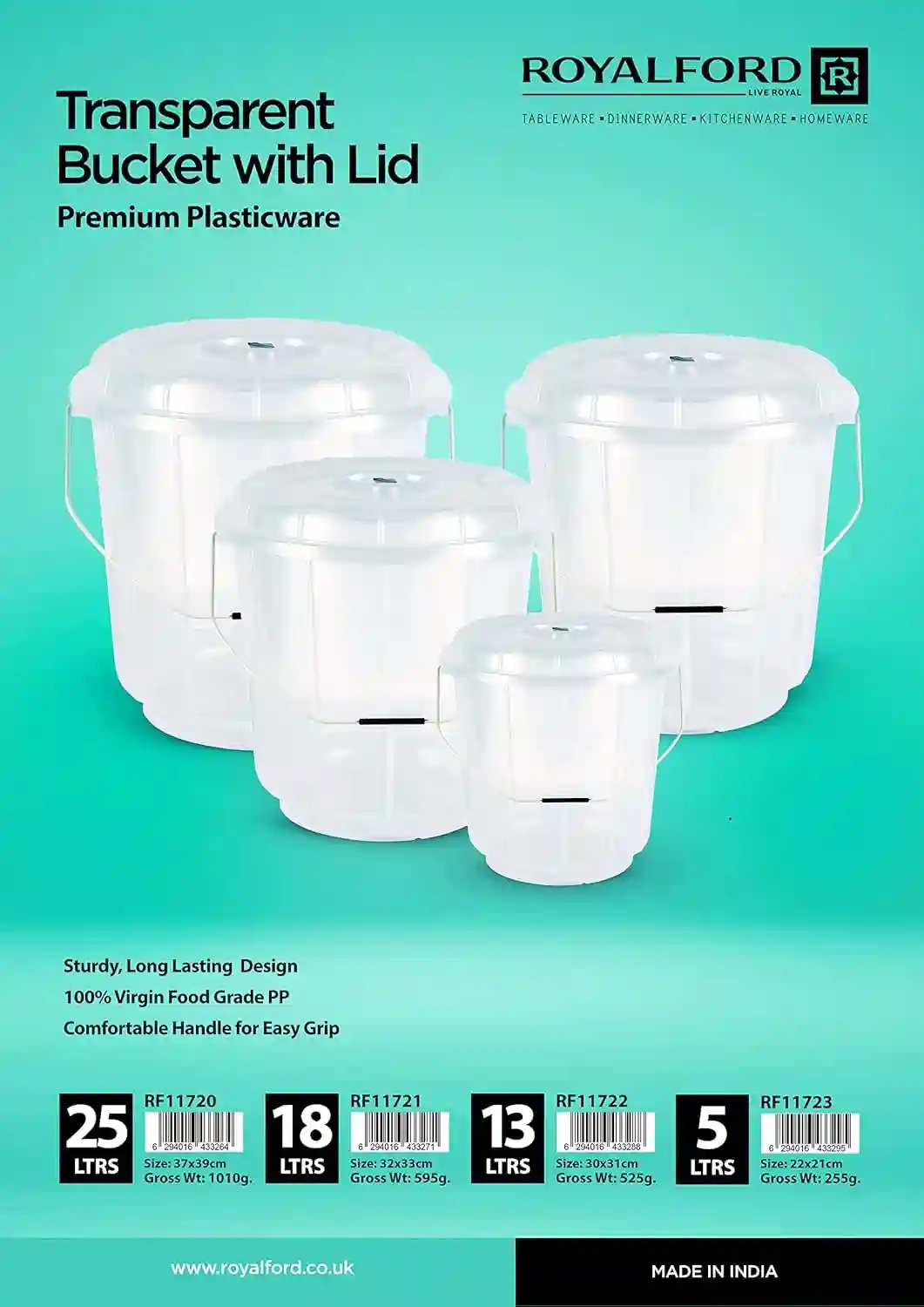Royalford 13L Transparent Plastic Bucket