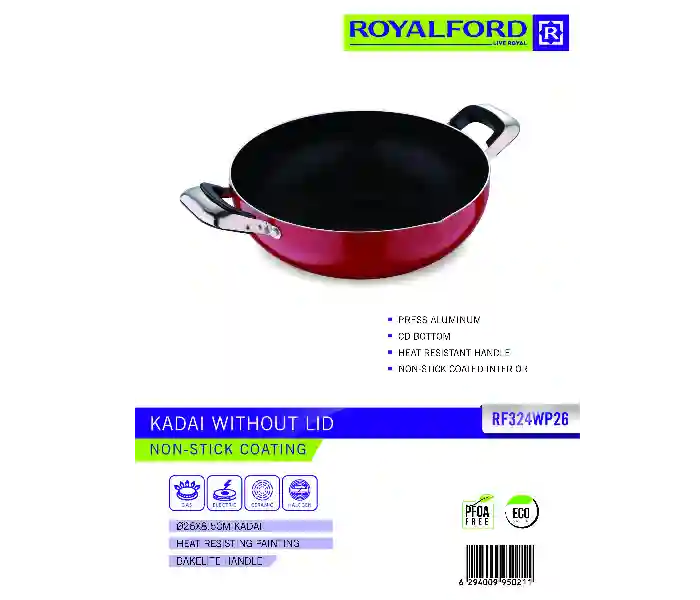 Royalford 26cm Non Stick Wok Pan - Red