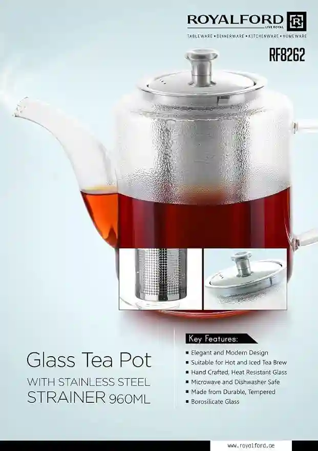 Royalford 960 ml Glass Tea Pot Stainless Steel Strainer