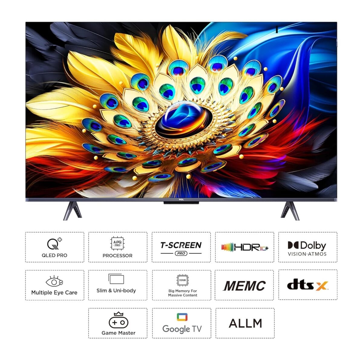 TCL 75"QLED   GOOGLE TV/ONKYO SPEAKERS/(T SCREEN PRO(3840x2160p) HDR 10+ /( DOLBY VISION /ATMOS)/120 HRZ VRR /BUILT IN WIFI//HDMI//PC/USB /DIGITAL AUDIO OUT/AV OUT,/LAN  COMPATIBLE WITH  MOUSE,KEY BOARD