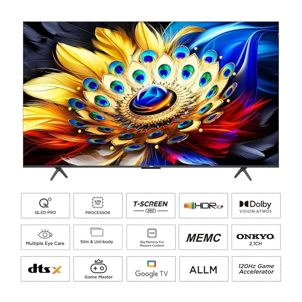 TCL 65"QLED   GOOGLE TV/ONKYO SPEAKERS/(T SCREEN PRO(3840x2160p) HDR 10+ /( DOLBY VISION /ATMOS)/120 HRZ VRR /BUILT IN WIFI//HDMI//PC/USB /DIGITAL AUDIO OUT/AV OUT,/LAN  COMPATIBLE WITH  MOUSE,KEY BOARD