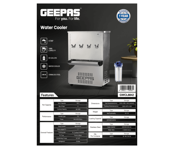 SS WATER COOLER 85 GLN,4 TAP