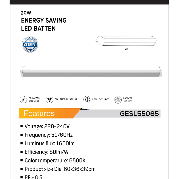 Geepas Gesl55065 Energy Saving Led Batten - White